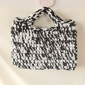 Handmade black and white contrast color crochet knit handbag stylish fashion square bag