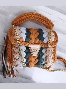 Handmade crochet shoulder bag for women, chic color-block woven crossbody bag with chain.