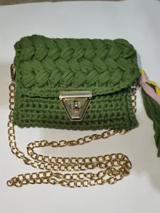 Handmade Crochet Phone Bag Polyester Woven Crossbody Purse With Chain Strap Tassel Closure Small Square Flap Bag For Women Casual Daily