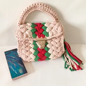 Handcrafted crochet shoulder bag with colorful striped design for women daily wear detailing