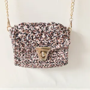 Leopard print crochet crossbody bag with chain strap and metal lock detail for women.