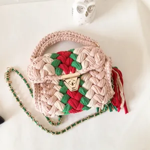 Women Woven Crossbody Bag Polyester Handwoven Colorblock Shoulder Purse Flap Square Bag Chain Strap Tote Handbag Flap Pocket