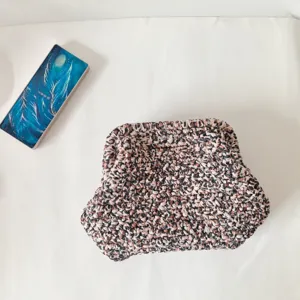 Leopard print crochet clutch bag detail, handmade fabric strip evening purse, trendy bag.