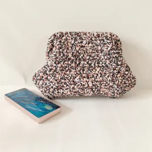 Leopard print fabric crochet clutch bag, stylish handmade shoulder crossbody bag for women.