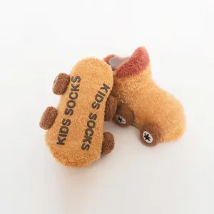 Cute baby car-shaped anti-slip floor socks, thick warm winter infant footwear for toddlers.