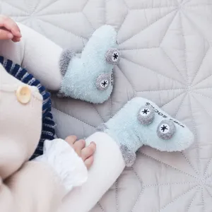 Thickened baby floor socks with cute cartoon car design, anti-slip soft infant winter shoes.