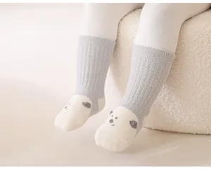 Cute newborn baby thick warm fuzzy socks with cartoon bear design, winter toddler socks