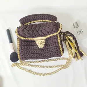 Handmade crochet handbag with gold chain strap brown fabric purse chic fashion shoulder bag