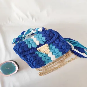 Handcrafted Blue Crochet Shoulder Bag Colorblock Knit Handbag with Gold Chain Strap