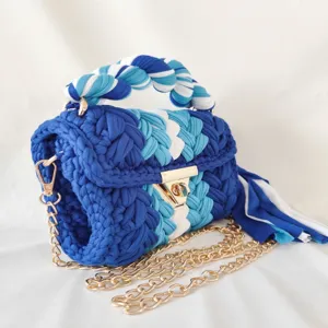 Handcrafted Crochet Knit Women Handbag Blue White Colorblock Chic Chain Crossbody Bag