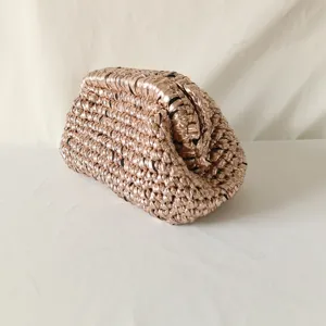 Handcrafted metallic woven clutch bag, stylish women's crochet shoulder pouch purse.