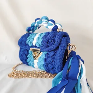 Handmade crochet women handbag color block woven top handle bag with chain and tassel