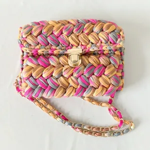 Handmade Woven Crossbody Bag Multicolored Fabric Yarn Crochet Shoulder Bag with Chain Strap