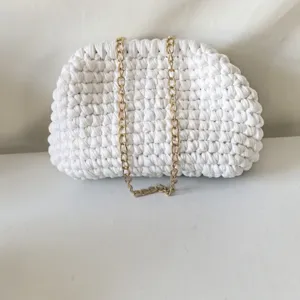 Handcrafted white crochet clutch bag with gold chain elegant shoulder bag for women