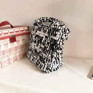 Black and white chunky crochet tote bag, handmade woven handbag with large capacity for women.