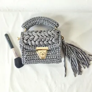 Handcrafted metallic crochet shoulder bag with top handle, stylish small square bag for women.
