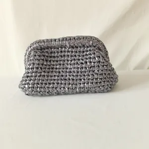 Handmade metallic crochet clutch bag, shiny woven evening pouch, stylish women shoulder bag.