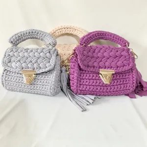 Handmade fabric crochet shoulder bag, chic woven handbag with metal lock for women.