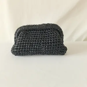Handcrafted black woven clutch bag, stylish handmade crochet pouch for women evening party.
