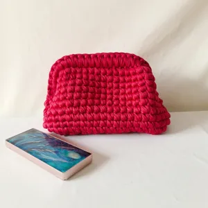 Handmade crochet fabric clutch bag for women, stylish puffy pouch and shoulder purse.