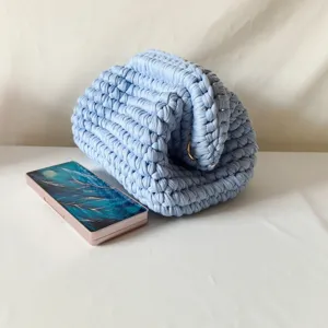 Handmade light blue crochet clutch bag stylish chunky knit design women fashion accessory detail