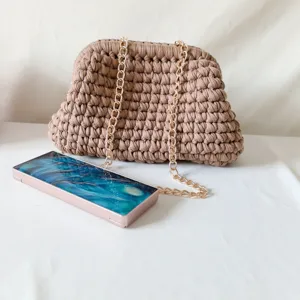 Handmade crochet clutch bag with gold chain strap, stylish women's shoulder crossbody bag.