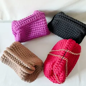 Handmade crochet clutch bag, knit fabric shoulder crossbody purse with chain for women.