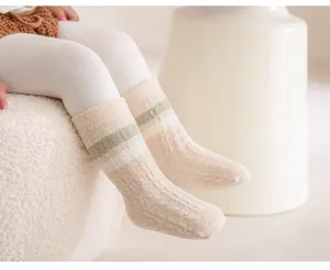 Cozy newborn baby socks, thick fleece warm winter infant toddler mid-tube socks with stripes.