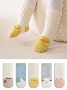 Newborn Infant Winter Thickened Warm Cartoon Plush Mid Calf Socks Cute Animal Design Non Slip Anti Bacterial Baby Socks
