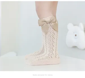 Baby girls breathable hollow knee high socks with cute bow for spring and summer wear