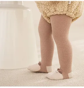 Fleece lined baby tights, warm thick toddler leggings with cute animal feet, cozy winter wear.