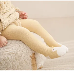 Cozy fleece-lined baby tights for autumn and winter, cute cartoon animal feet detail.