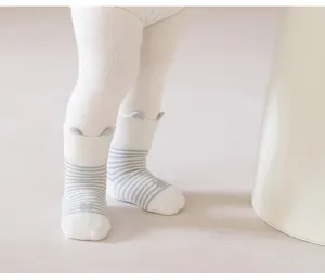 Cute baby striped mid tube socks with little ears design, soft cotton comfortable casual wear detail.