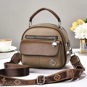 Vintage brown leather shoulder bag women stylish retro camera crossbody bag with wide strap