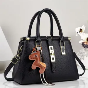 Bolso Bandolera Retro de Cuero PU para Mujer Moda Color Sólido Bolso de Hombro con Cerradura de Metal y Colgante de Caballo