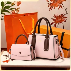 Pink handbag set with tote and crossbody styles, stylish brown handles for women daily use.