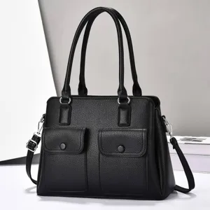 Stylish black large capacity triple compartment tote bag, elegant women handbag for daily use.