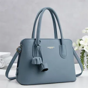 Blue litchi pattern leather handbag, multi-layer large capacity casual shoulder cross body bag.