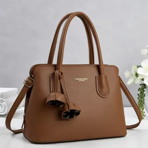 Stylish brown litchi pattern leather handbag for women, spacious multi-layer shoulder crossbody tote bag.
