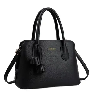 Classic black litchi pattern leather handbag with top handles and stylish tassel charm for women
