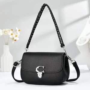 Sac à bandoulière en cuir noir avec poignée tressée, sac élégant pour femmes au quotidien