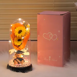 LED Sonnenblume Abschluss Bär Glas Kuppel Nachtlicht Geschenk für Schreibtisch Zimmer Deko