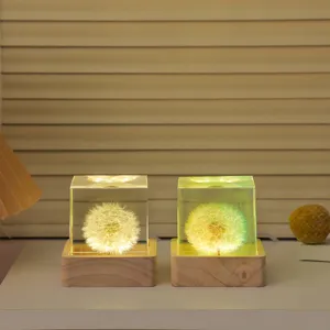 Luz nocturna LED cubo diente de león base de madera recargable decoración dormitorio