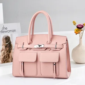 Sac à main en cuir rose pour femme cabas bandoulière avec poches avant élégant