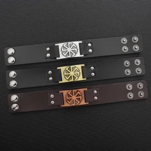 Brazalete punk de cuero PU retro para hombre con placa metálica y botones a presión.
