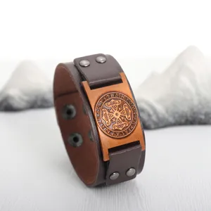 Vintage Nordic Viking Rune PU δερμάτινο βραχιόλι για άνδρες καφέ φαρδιά μανσέτα κόσμημα