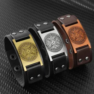 Viking Norse Mythology Runes Odin Leather Bracelet For Men Vintage Punk Alloy PU Wristband Gothic Jewelry Gift