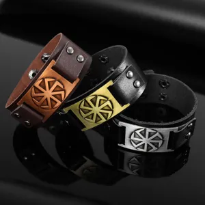 Brazalete de cuero ancho retro punk con dije de rueda de sol de metal para hombres