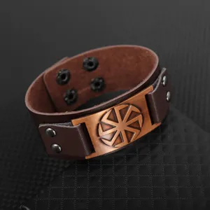 Vintage Punk Hombre Pulsera Cuero PU Marrón Retro Rueda Solar Placa Metal Joya