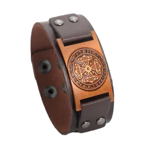 Vintage βραχιόλι από δέρμα με βίκινγκ ρούνους για άντρες, φαρδύ πανκ βραχιόλι με μεταλλική πλάκα.